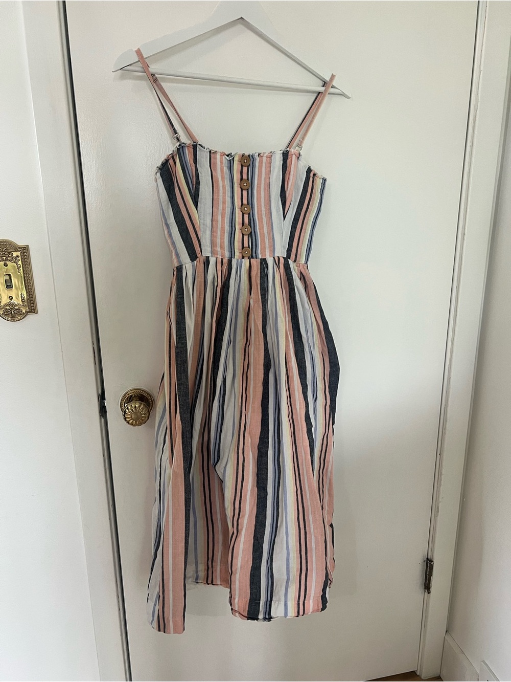 Free People Striped Button-Front Midi Sundress in Pink, Blue & White